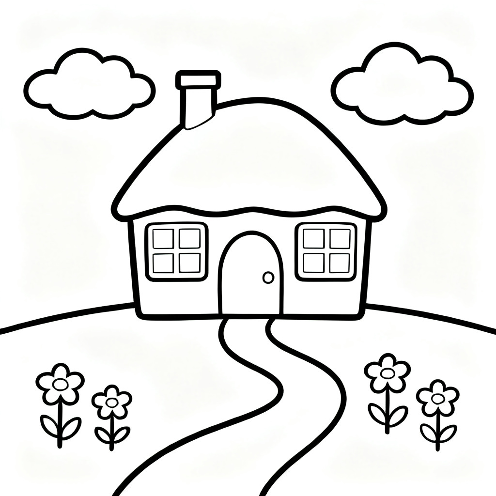 A cottage beneath clouds drawing